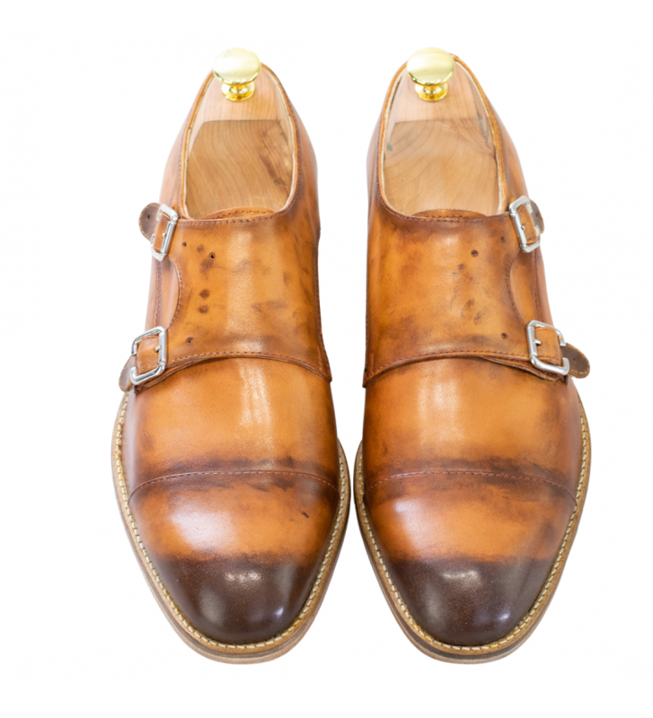 Pantofi  Double Monk cu catarame pentru barbati piele maro